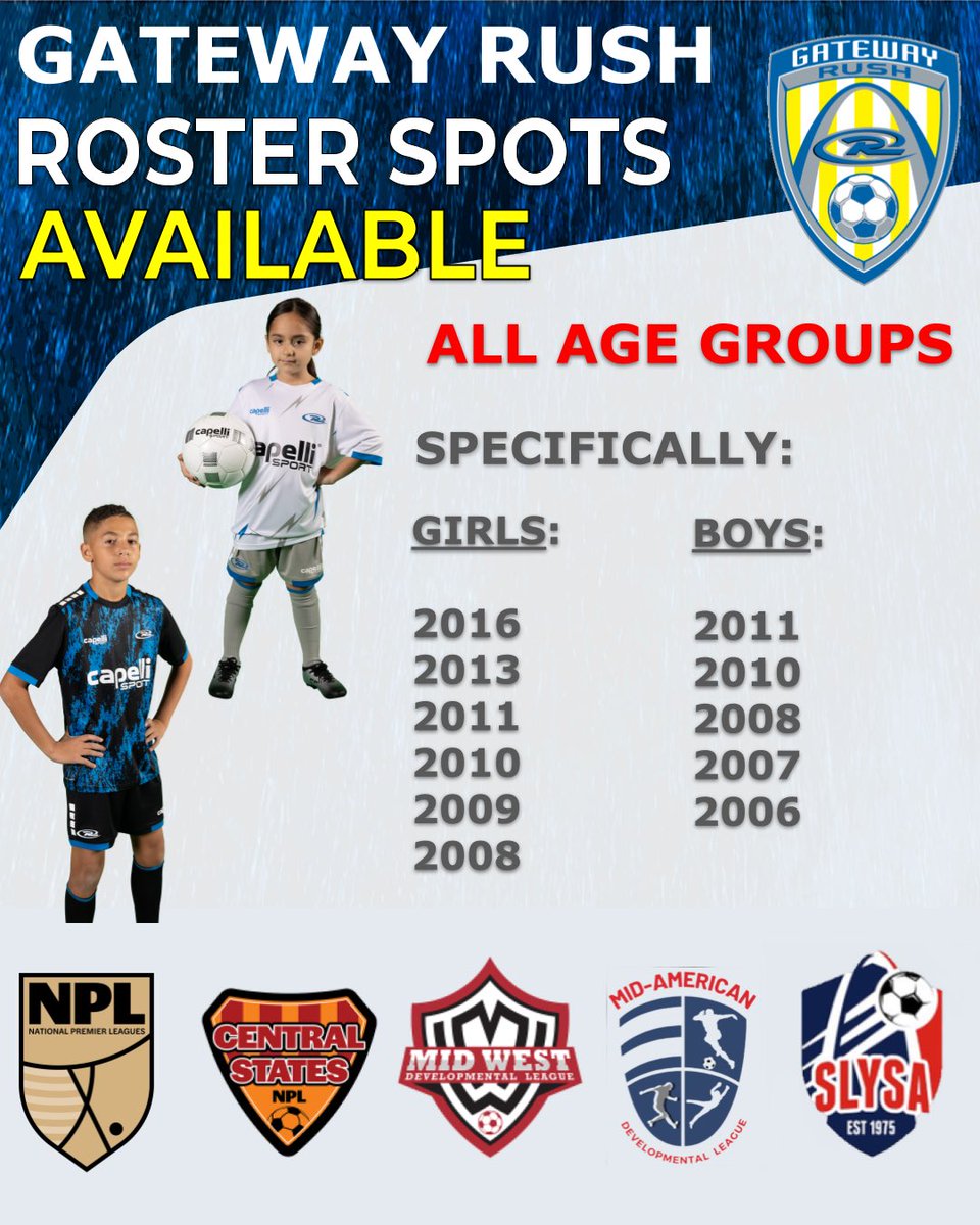 Gateway Rush still has roster spots available in most age groups!!  

docs.google.com/forms/d/1teV5H…

If you are still looking for that right fit for your soccer player to help with their development, complete this form and we will get back to you!