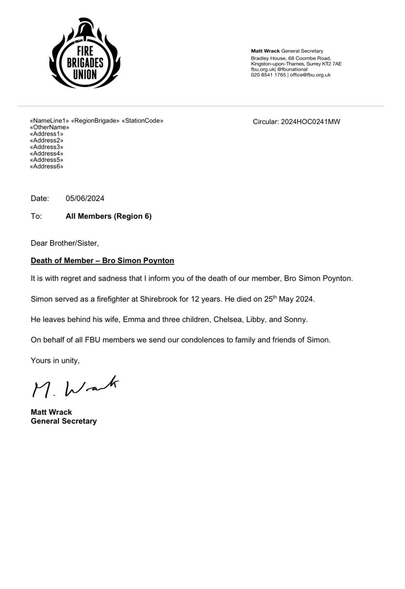 All Members Circular

Death in Service notification, Bro Simon Poynton.

It is with great sadness we report the passing of Bro Simon Poynton, our thoughts are with Simons family, friends and Colleagues at this very sad time.