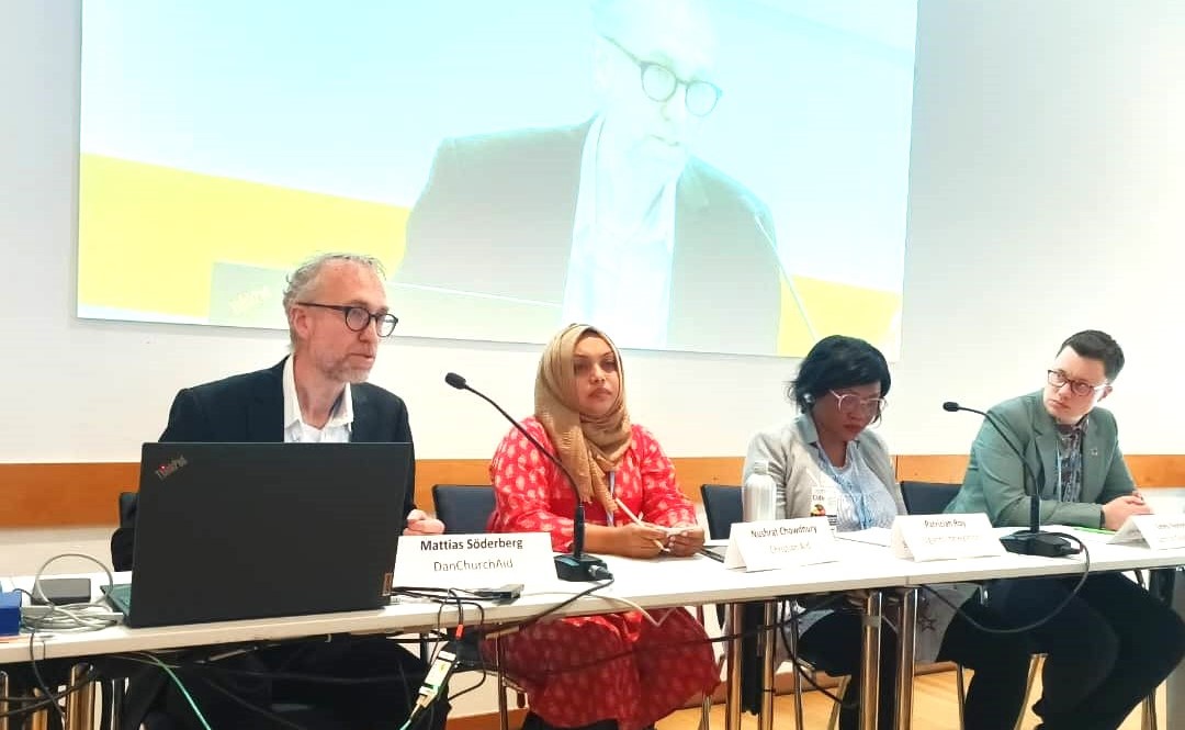 DCAUganda's tweet photo. @ACTAlliance members @DanChurchAid, @christian_aid side event at SB60 in Bonn with CSOs &amp; govt representatives from Uganda &amp; Scotland.@Mattias_S emphasized the importance of making loss &amp; damage funds accessible to vulnerable communities that bear the most climate change impacts. https://t.co/FBoYcCV779