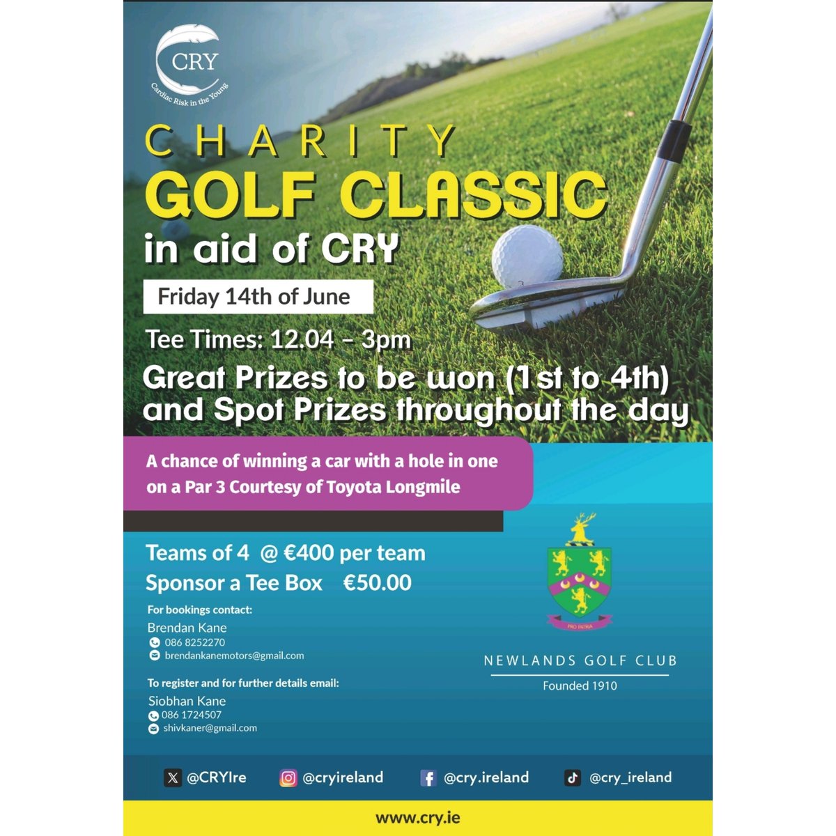 CRYIre's tweet photo. Best to everyone taking part in today's Charity Golf Classic in aid of CRY @NewlandsGC1910.

Shoutout to Brendan Kane for choosing to support CRY.

#teamCRY https://t.co/3upI6aQ4d4