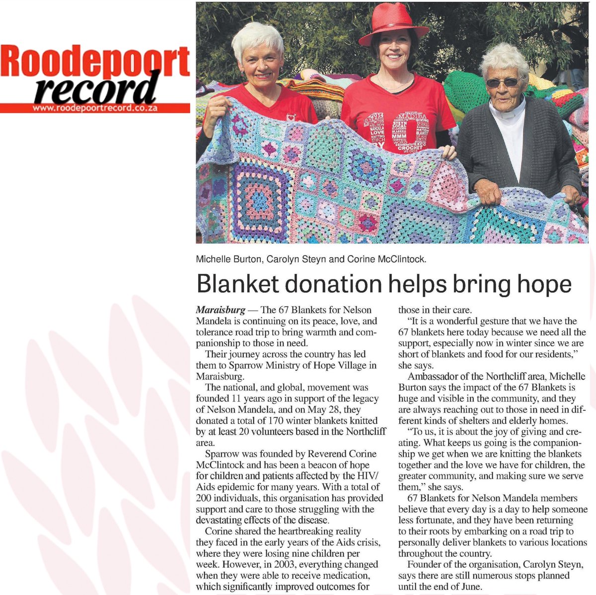 Blanket donation helps bring hope.

Full article below.

Thank you to the <a href="/RecordNorthside/">Roodepoort Record / Northsider</a> for your AMAZING blanket coverage.

#peacelovetolerance
#SharingTheWarmth
#67Blankets