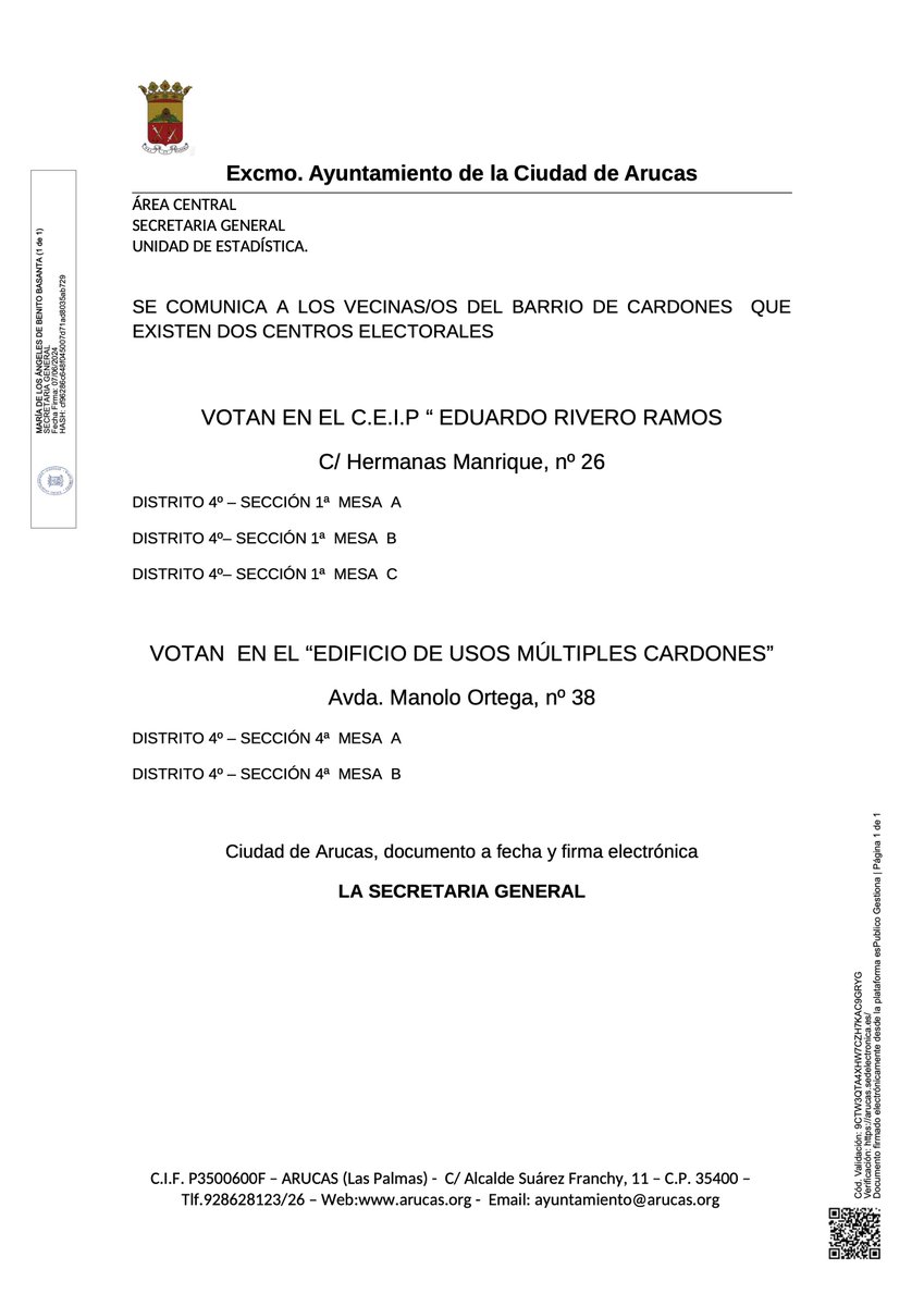 RadioArucas's tweet photo. #arucaspadrón Comunicado del Departamento de Estadística del Ayuntamiento de Arucas a los votantes de #Cardones con motivo de la cita electoral del domingo 9 de junio. https://t.co/7hIRc4kZC6