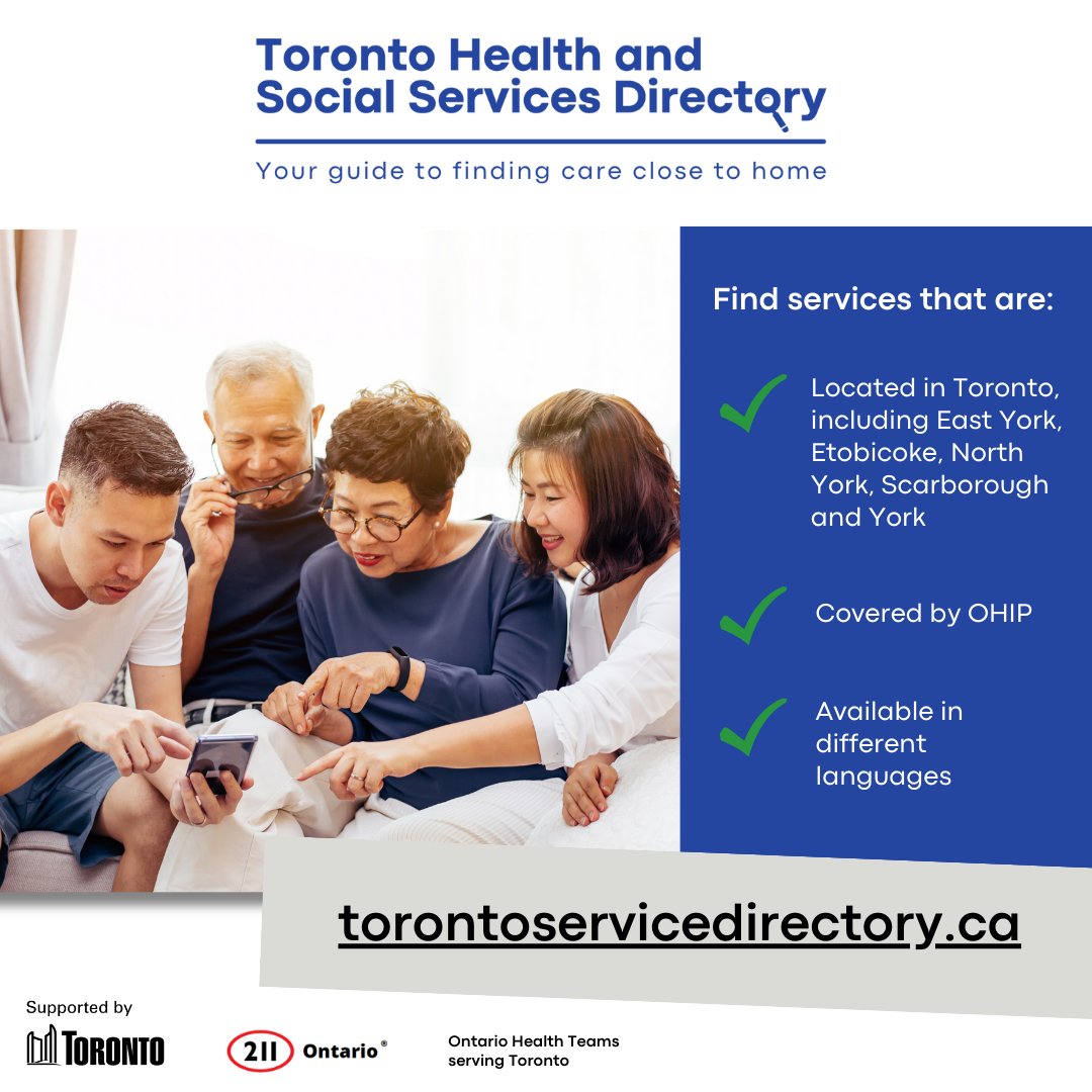 The Toronto Health and Social Services Directory is a guide to finding care close to home. Check out torontoservicedirectory.ca to search services related to:
✔ Healthcare, including mental health
✔ Housing, food and transportation support
✔ Employment and education
✔ And more!