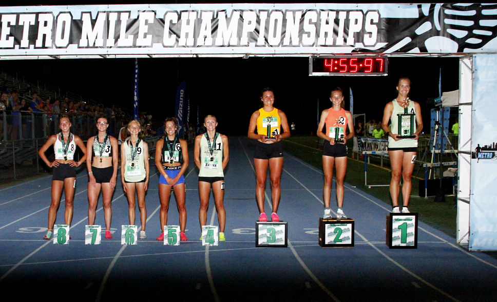 KCMetroMile's tweet photo. Let's hear it for the girls!  What an awesome night, Evyn Humphrey sets a new meet record for the HS Girls in 4:55.97 and 6 girls come through 1600 meters under 5 minutes! @EvynHumphrey @MoMileSplit @kansasrunning @owlxc @BVSWdistance @PCHSTrack_Field @Kate_mil4 @HannaKeltner https://t.co/QSddPwV3v6