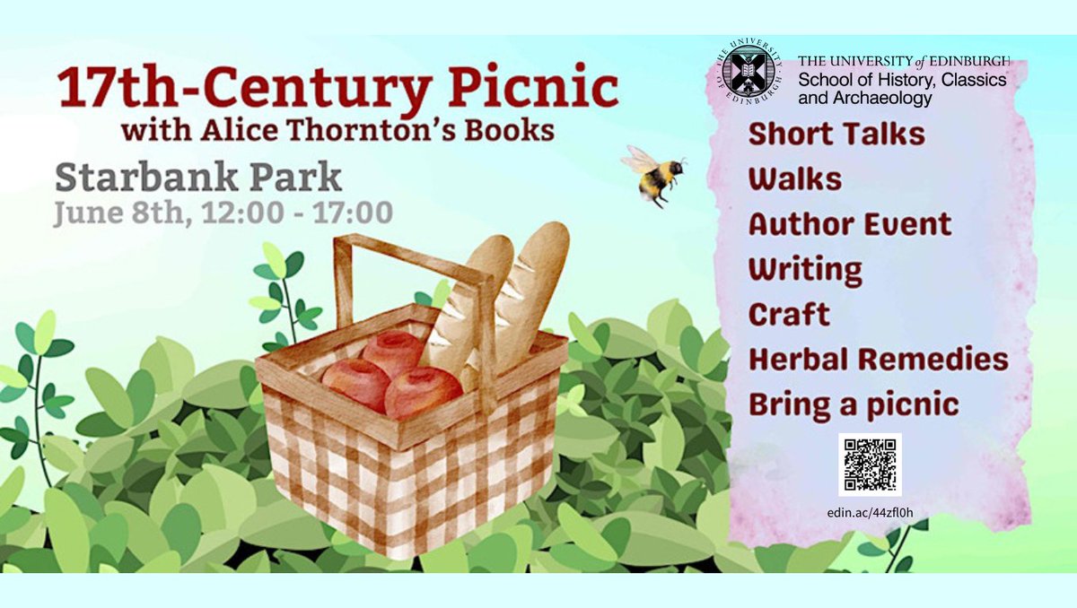 Tomorrow! Join the Alice Thornton’s Books project for a 17th-century picnic! Free talks, walks, crafts, and conversation with award-winning author Kate Foster in Starbank Park. Register (free): edin.ac/44zfl0h

#History #AliceThornton #Picnic #Edinburgh #Friday