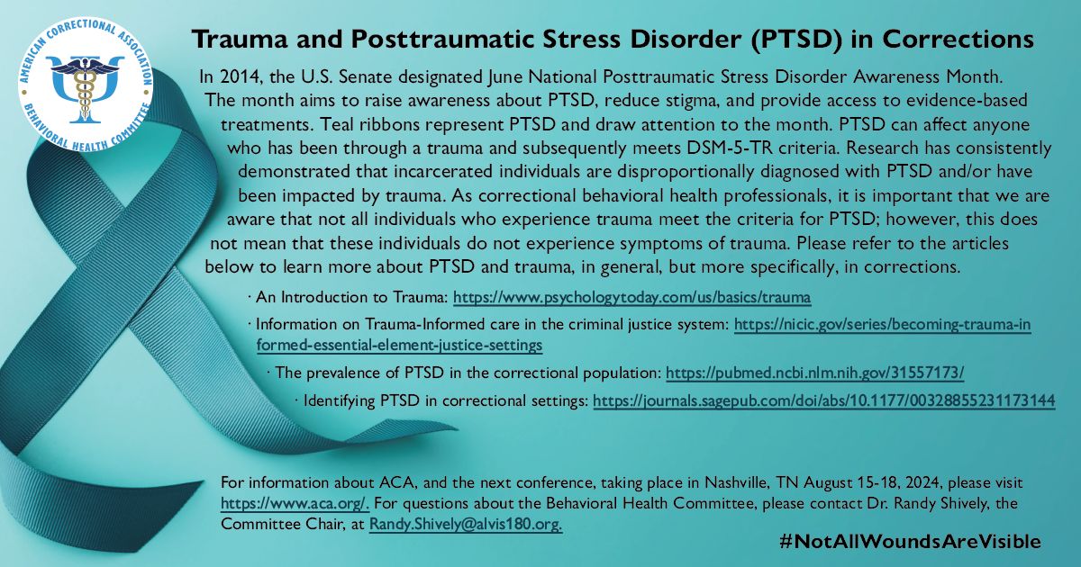 Trauma and Posttraumatic Stress Disorder (PTSD) in Corrections

#Corrections #LawEnforcement #PTSD #PTSDAwarenessMonth #MentalHealth #NotAllWoundsAreVisible #BehavioralHealth #Trauma #CorrectionalHealth #PTSDinCorrections