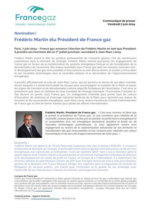 C’est avec honneur que je prendrai dès le 1e juillet prochain la présidence de @Francegaz. 
Je tiens à mettre tout mon engagement au service de la redynamisation industrielle de nos territoires et l’accélération des gaz renouvelables et bas carbone en 🇫🇷 : cutt.ly/ueiH6dlP