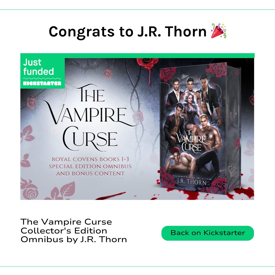 Congrats to J.R. Thorn for smashing her funding goal for The Vampire Curse in under 30 minutes!

Back the Project on Kickstarter 💚 kickstarter.com/projects/jrtho… 

#Kickstarter #BookLaunch #ParanormalRomance #ReverseHarem #SupportAuthors #TheINKfluence #Funded