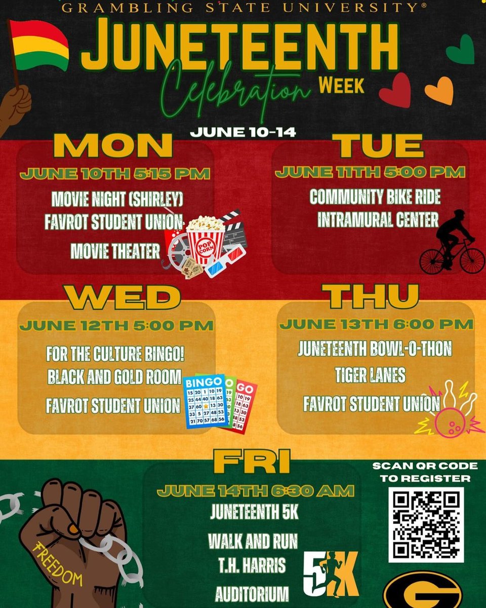 Grambling1901's tweet photo. It's a week long celebration in honor of Freedom Day and we hope you'll join in the fun.

Reposted from @whatsupwithfsub Hey #GRAMFAM🐯! Please join us as we celebrate Juneteenth. Make sure you sign up for any event that you might be interested in. We hope to see you there! https://t.co/Bz5p3jN3yM