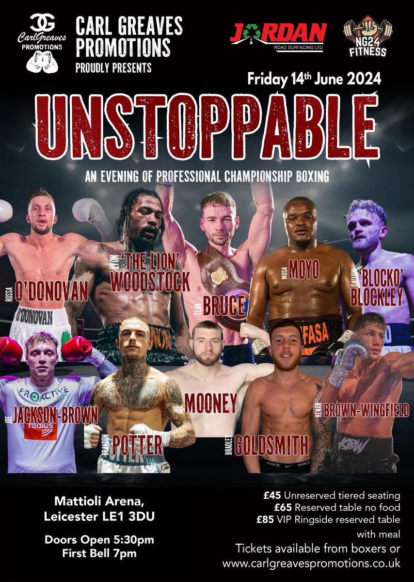 CarlGreavesPro's tweet photo. #UNSTOPPABLE
1 week tonight
@LeicesterArena
@blocko_1995 v @JamieSt26626505
@GoldsmithBrad
@seanrbruce
@LyonWoodstockJr
@KenanWingfield
#Potter
#JacksonBrown
#ODonovan
#JoeMooney
#Musa https://t.co/426NxJ8JYD