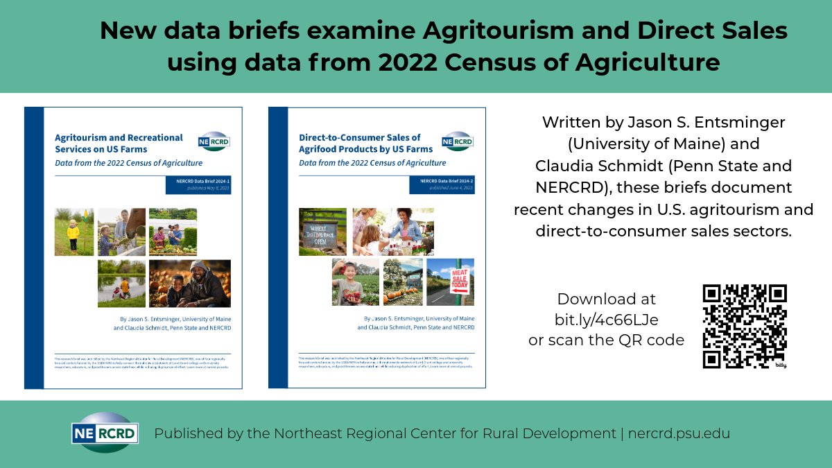 Just out!!  New data briefs shed light on 2 important sectors of U.S.  agriculture — #agritourism and direct-to-consumer sales — utilizing data  from the 2022 Census of Agriculture. Written by <a href="/JSEntsminger/">Jason S. Entsminger, PhD</a>  and <a href="/ClaudiaAgEcon/">Claudia Schmidt</a>.  bit.ly/4c66LJe.  #agcensus