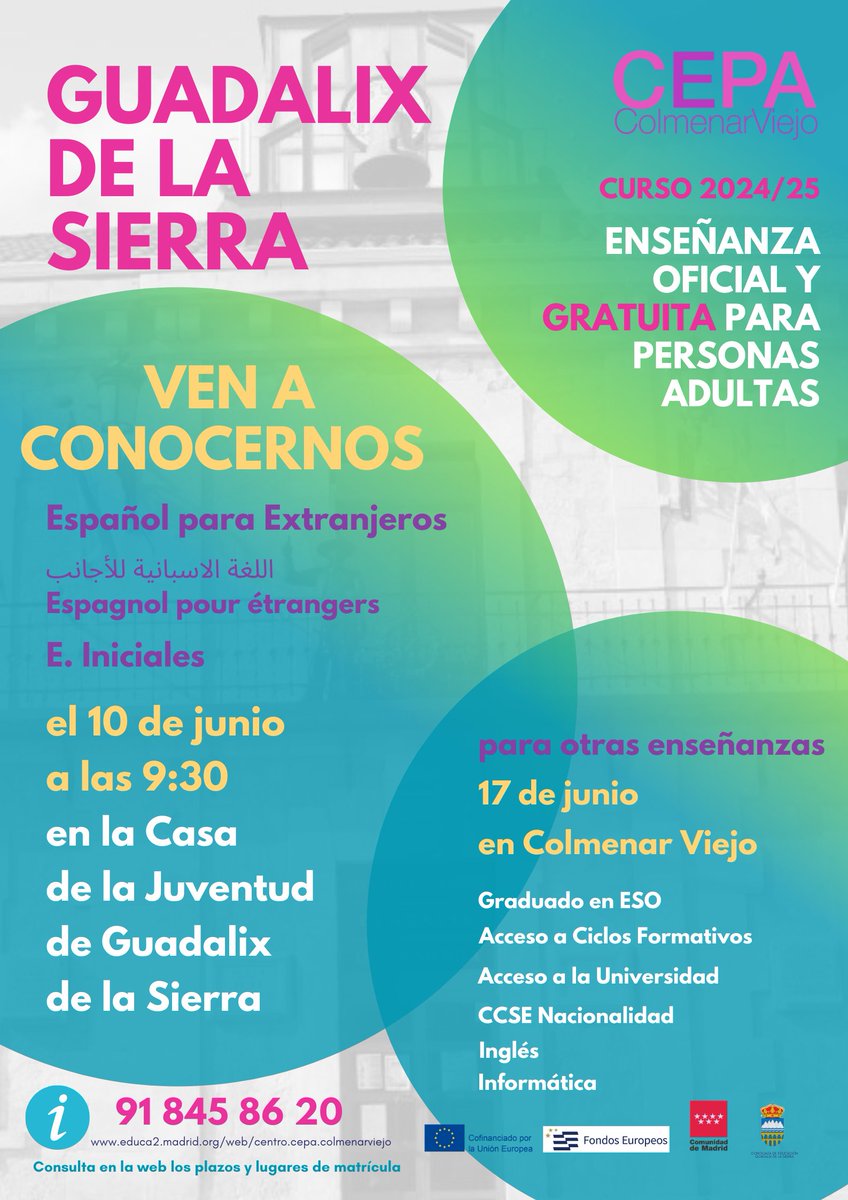 CEPAColmenar's tweet photo. Si quieres estudiar Español para Extranjeros o E. Iniciales ven a conocernos el lunes 10 de junio a las 9:30 en la Casa de la Juventud @GuadalixJoven  @AytoGuadalix 
Para otras enseñanzas, llámanos para venir al @CEPAColmenar el 17 de junio https://t.co/NcM94VTFx5