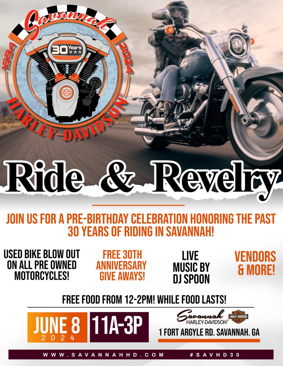 Mark your calendar for the @SavannahHarleyDavidson 30th Anniversary pre-birthday bash Saturday, June 8 from 11am-3pm. There will be live music with DJ Spoon, vendors on site, free food from noon-2, and 30th-anniversary dealer swag. #ad