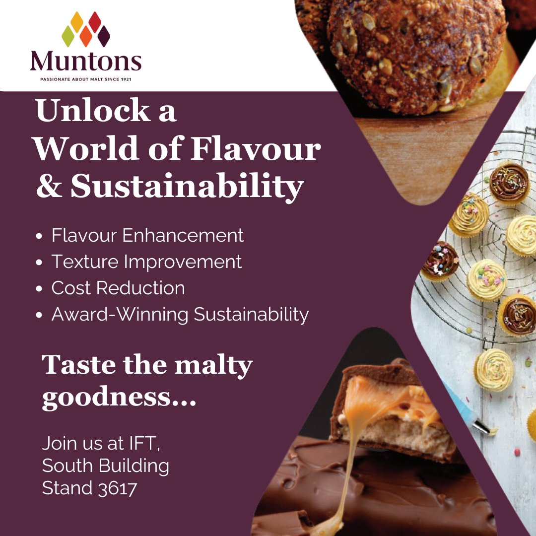 MuntonsPlc's tweet photo. Come and see us at @IFT from the 14th -17th July in the south building, stand #3617 and unlock a world of flavour and sustainability.

#IFT #insituteoffoodtechnologists #madewithmuntons #magicofmuntons #malt #maltster #malting #grain #barley #foodanddrink #foodindustry https://t.co/51030pGDHW