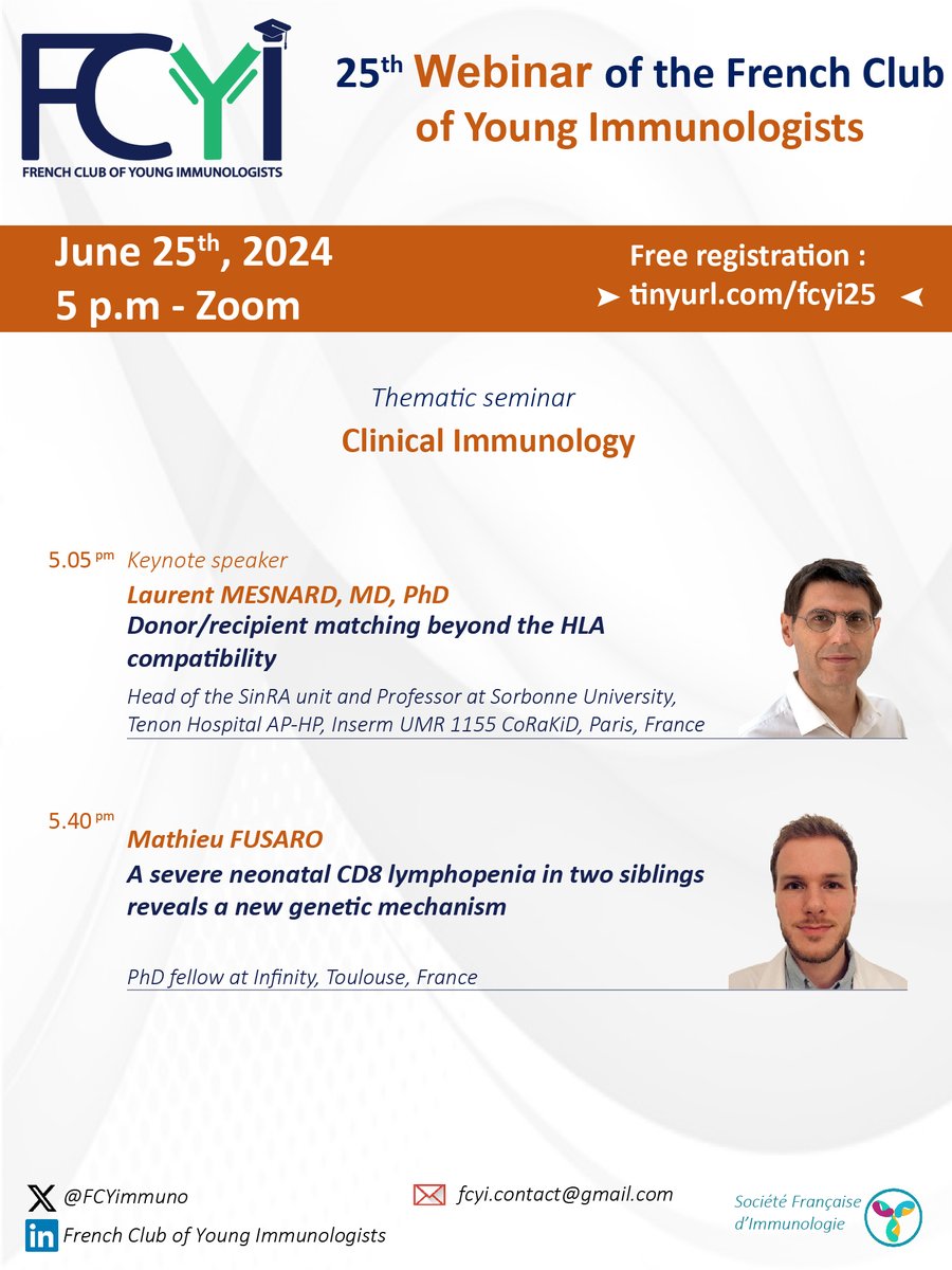 FCYImmuno's tweet photo. Are you interested in Clinical Immunology? Join us on the 25th of June at 5PM CET for our next webinar with Dr. Laurent Mesnard (Sorbonne University) and  @FusaroMathieu (Toulouse). 

📢Registration link: https://t.co/IPUz4C5v6o https://t.co/CAlhkDSRhP