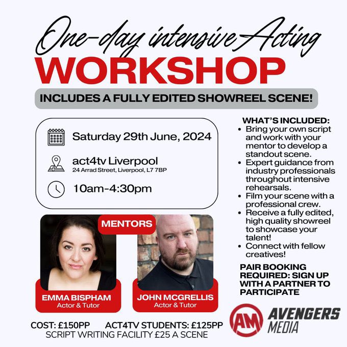 Thrilled to have two of the best <a href="/BisphamEmma/">Emma Bispham 🇪🇺🇹🇹</a> <a href="/JohnMcGrellis/">John McGrellis</a> hosting an Intensive Acting Workshop in Liverpool 

A day of honing your craft, learning from experienced actors and a fully edited showreel scene from Avengers Media

Get in touch hello@act4.tv to book your place!