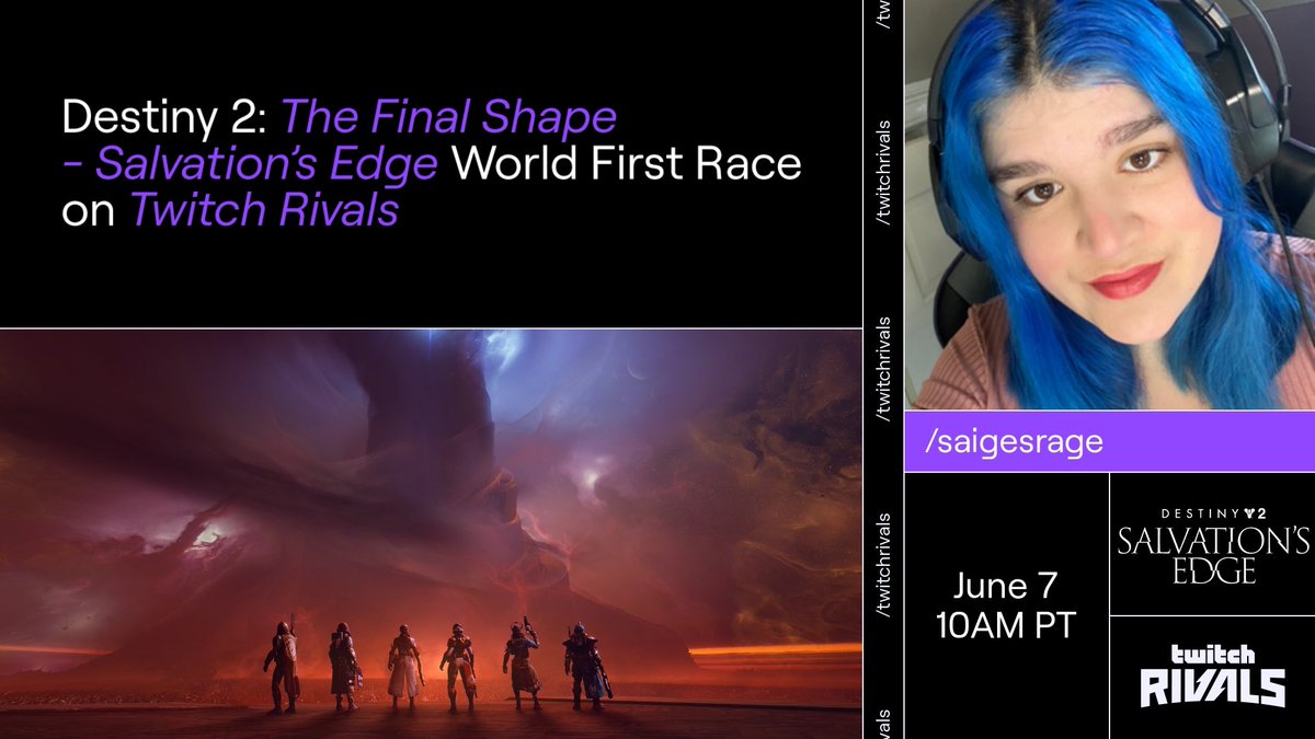 saigesrage's tweet photo. I am a part of @TwitchRivals for the final shape worlds first race! I can’t wait to see what Bungie has in store for us/the Destiny community for this raid! Stop by my stream to watch my team and I try to complete this raid (with many fails probably) and you can get loot drops! https://t.co/FyyBJRTlHa