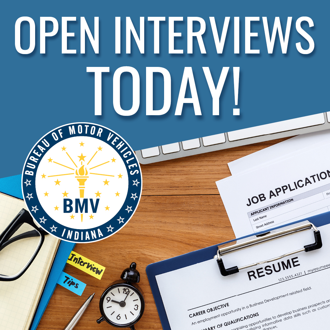 The Goshen BMV branch will be holding open interviews on today from 1:00 pm - 5:00 pm at 740 W Lincoln Ave, Goshen, IN 46526. Visit workforindiana.in.gov and use keyword BMV to search for available positions. #inmbv #nowhiring #applytoday #careermove