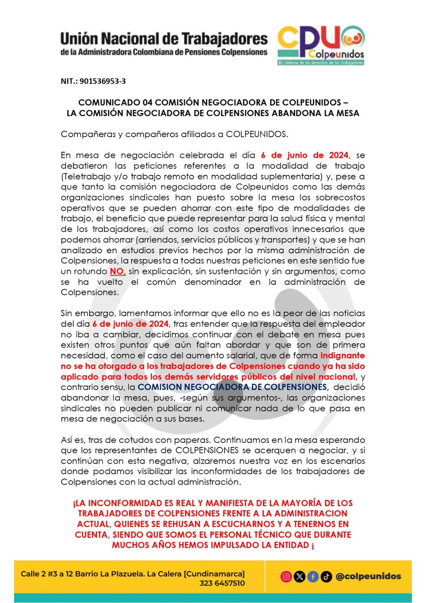 colpeunidos's tweet photo. La comisión negociadora de @Colpensiones manifestó que la reunión del pasado miercoles se programaba para hoy en Cafam (Acá nos encontramos los 5 sindicatos pero los directivos no aparecieron ni reservaron salones) Ayer con razones superfluas abandonaron la mesa @elespectador https://t.co/VXGjvW6UDW
