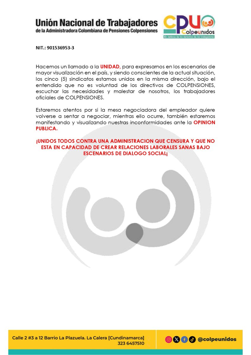 colpeunidos's tweet photo. La comisión negociadora de @Colpensiones manifestó que la reunión del pasado miercoles se programaba para hoy en Cafam (Acá nos encontramos los 5 sindicatos pero los directivos no aparecieron ni reservaron salones) Ayer con razones superfluas abandonaron la mesa @elespectador https://t.co/VXGjvW6UDW