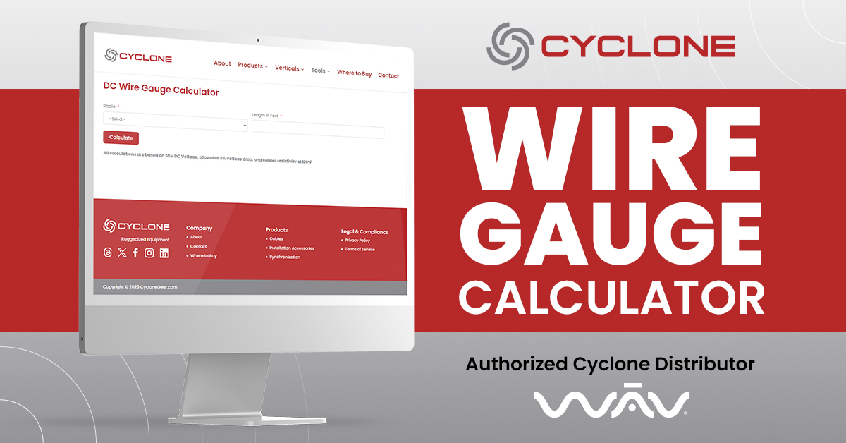 WAVonline's tweet image. Introducing the 𝗗𝗖 𝗪𝗶𝗿𝗲 𝗚𝗮𝘂𝗴𝗲 𝗖𝗮𝗹𝗰𝘂𝗹𝗮𝘁𝗼𝗿! Configure your DC cables in 2 easy steps: 
1) Select your radio 
2) Type in your desired length in feet

👉 Check it out now: ow.ly/g8lb50S6F3e

#gaugecalculator #cyclone #DCwire