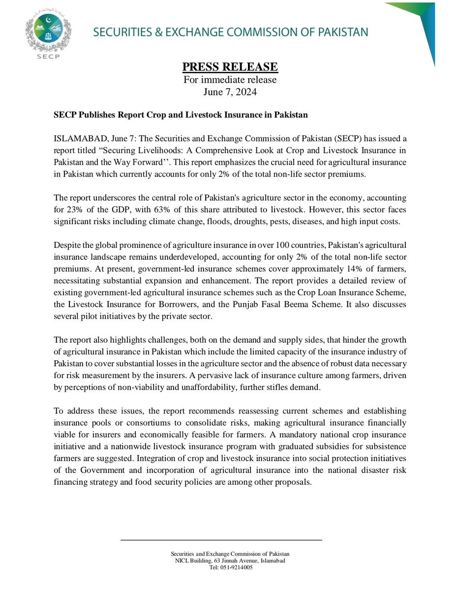 SECPakistan's tweet photo. SECP has issued a report titled “Securing Livelihoods: A Comprehensive Look at Crop and Livestock Insurance in Pakistan and the Way Forward’’, emphasizing the crucial need for agricultural insurance in Pakistan. The report is available at https://t.co/LLv8NGZXeU https://t.co/5x7ekEeey0