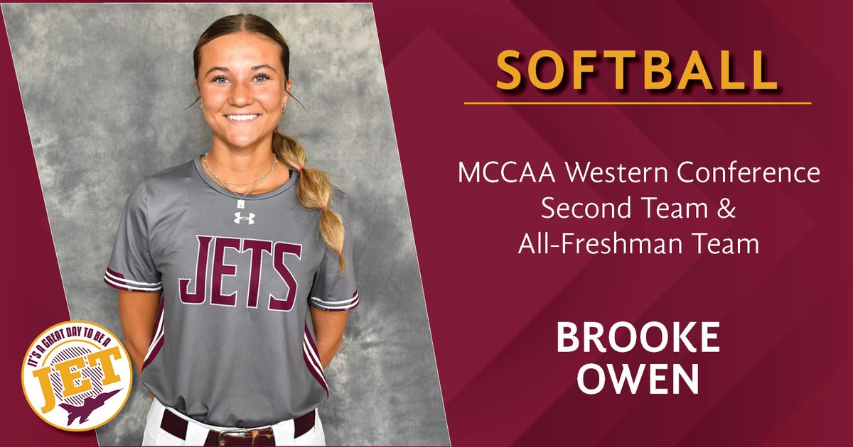 JacksonCollege's tweet photo. Congratulations to our Jets softball players receiving season honors: 
- Ashley Sturgill, sophomore, Western, outfield 
- Brooke Owen, freshman, Jonesville, shortstop/second base
- Alana Knox, sophomore, Holt, outfield  
- Rayannah Burke, freshman, Napoleon, pitcher/infield https://t.co/Yl0i898eNx