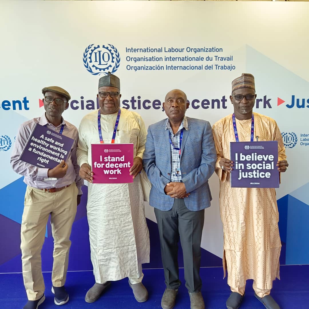 SSANU_NATIONAL's tweet photo. L-R: Director Labour Production, FML&amp;E and Employment, Mr. Inuwa Yakubu, GS Construction Workers Union Cmrd. Ibrahim Walama, Director Trade Unions, FML&amp;E Mr. Yusuf Kachalla and the National President SSANU Comrd M. H. Ibrahim at the ongoing ILO conference in Geneva, Switzerland. https://t.co/AfC34HEJy4
