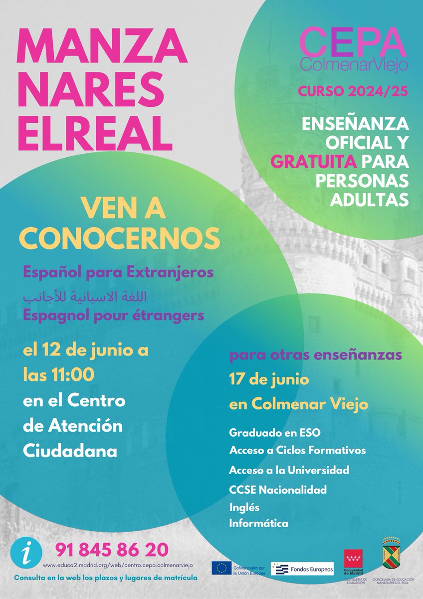 CEPAColmenar's tweet photo. Si quieres estudiar Español para Extranjeros ven a conocernos el miércoles 12 de junio a las 11:00 en Centro de Atención Ciudadana de @ManzanaresReal 
Para otras enseñanzas, llámanos y ven al @CEPAColmenar el 17 de junio https://t.co/xQhqwojRFf