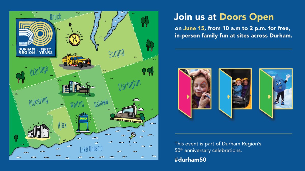 RegionofDurham's tweet photo. Join us Saturday, June 15 for Doors Open to celebrate #DurhamRegion turning 50! Free events are being held at the #DuffinCreekWPCP, #DYEC, Regional Headquarters and the Scugog Depot.
For more details: https://t.co/uzudUQPxOf. #Durham50 https://t.co/wRq19sgBKR