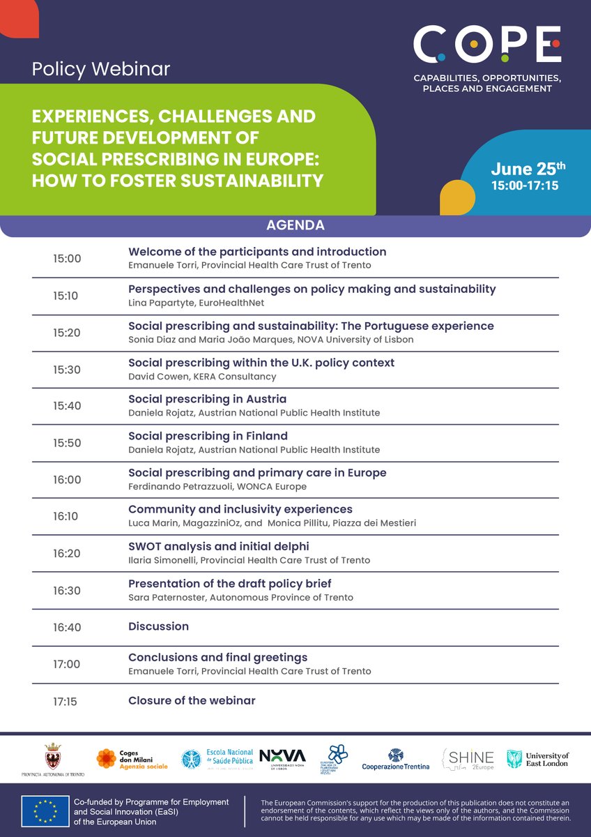 Calling All #copeproject Partners &amp; Stakeholders!
Join our Policy Webinar on Social Prescribing Sustainability! ️ June 25, 2024 |  15:00-17:15 CET 🇬🇧 English
➡️ Agenda: copeproject.eu/wp-content/upl…
Learn from experts &amp; shape the future!

Register Now! docs.google.com/forms/d/e/1FAI…