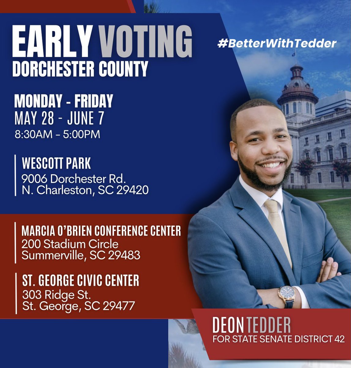 deon_tedder's tweet photo. Today is the last day for early voting! Early voting locations are listed on the attached flyers! In 4 months I’ve been able to navigate the legislative process and pass 2 bills among other things. So imagine what I can do in another 4 years! #tedderforsenate #BetterWithTedder https://t.co/FmfsCeOvo5