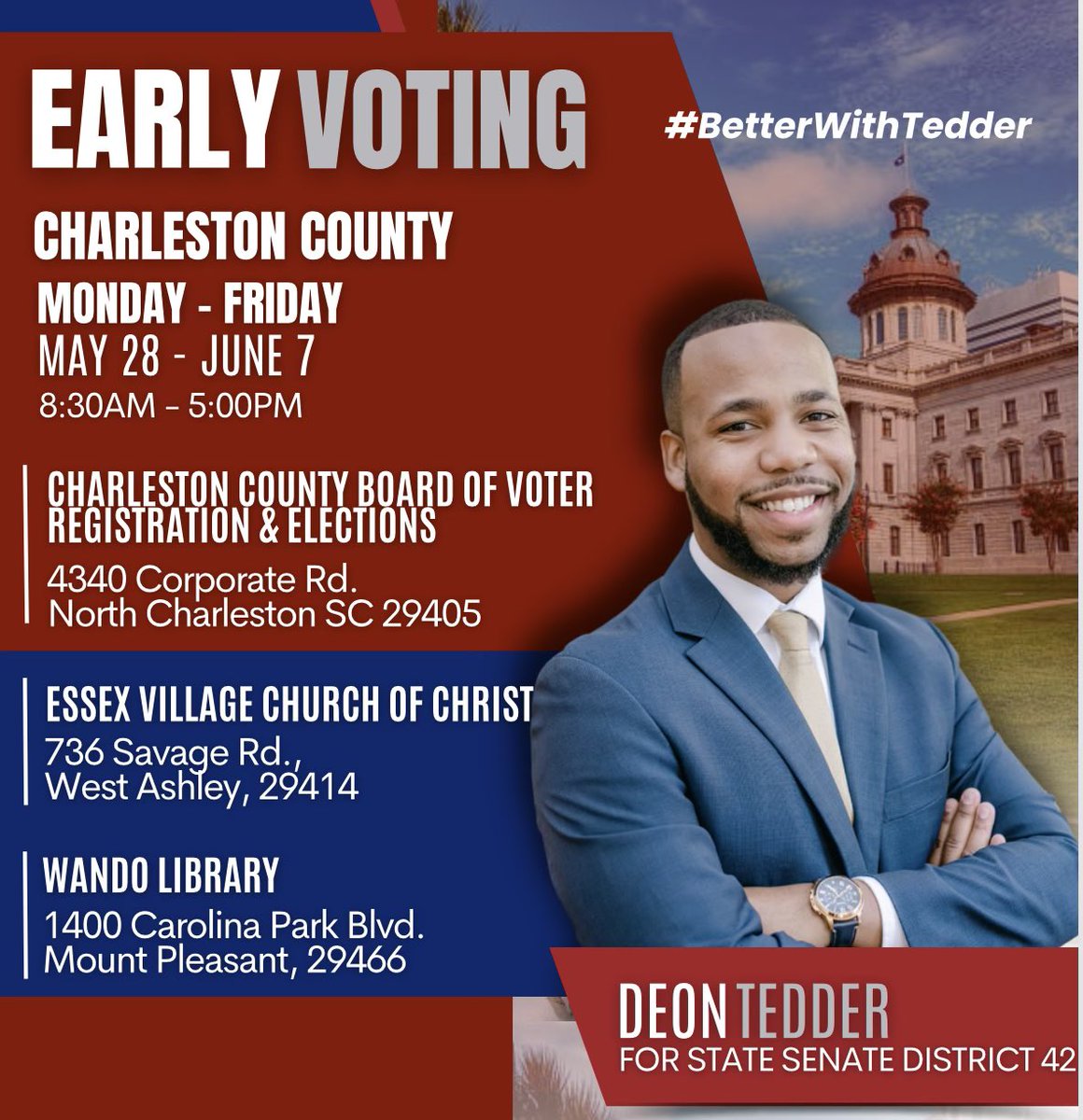 deon_tedder's tweet photo. Today is the last day for early voting! Early voting locations are listed on the attached flyers! In 4 months I’ve been able to navigate the legislative process and pass 2 bills among other things. So imagine what I can do in another 4 years! #tedderforsenate #BetterWithTedder https://t.co/FmfsCeOvo5