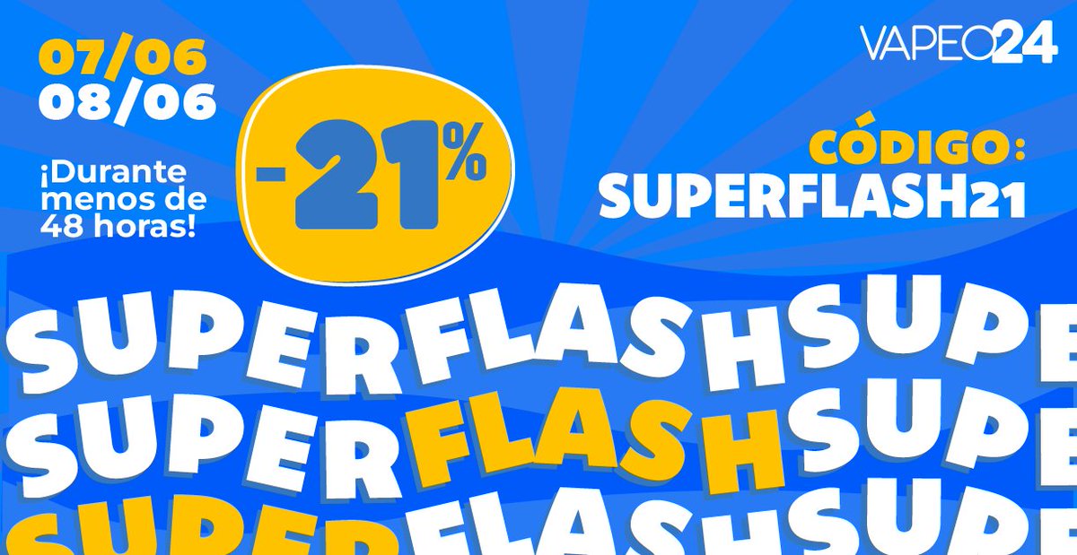 💙¡Aprovecha nuestra oferta flash!💛 
Durante menos de 48 horas, disfruta de un increíble 21% de descuento en toda nuestra gama de productos de vapeo. 💨
No dejes pasar esta oportunidad única para renovar tus dispositivos y líquidos favoritos a precios irresistibles.