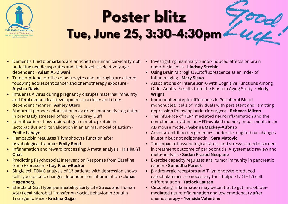 PNIRS (@pnirs) on Twitter photo <a href="/PNIRS/">PNIRS</a> will have the first ever Poster Blitz Session at #PNIRS2024! ๐ 12 speakers will present their latest research in just 2 mins ๐ฅตโฑ๏ธ
๐
Tue, June 25 | 3:30-4:30 PM|
๐๐ผSee below for talk titles and speakers
Please bookmark, highlight the speakers, repost, & spread the word! <a href="/PNIRS/">PNIRS</a> will have the first ever Poster Blitz Session at #PNIRS2024! ๐ 12 speakers will present their latest research in just 2 mins ๐ฅตโฑ๏ธ
๐
Tue, June 25 | 3:30-4:30 PM|
๐๐ผSee below for talk titles and speakers
Please bookmark, highlight the speakers, repost, & spread the word!