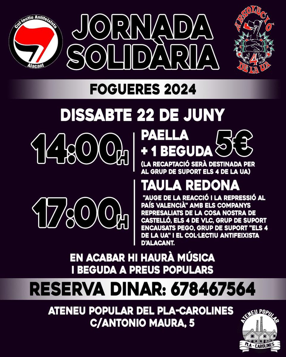 AlertaSolidaria's tweet photo. 🔴⚫ En suport als @4_ualacant 

Xerrades, àpats, música i LLUITA! https://t.co/OCweLxrZtt
