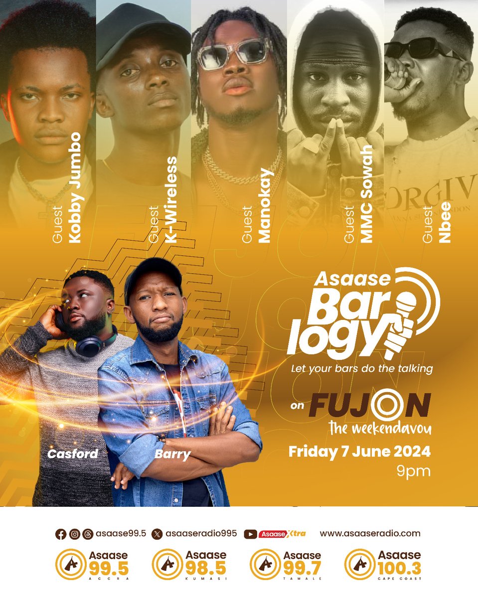asaaseradio995's tweet photo. The mic meets the fire this evening, as 5 hungry rappers drop bars and then some on #Barlogy with @Barryairborne and @DJCasford! Tune in from 7 PM for #Fujon on #AsaaseRadio to enjoy the live experience!!!
#AsaaseXtra https://t.co/3osAD9cNSA