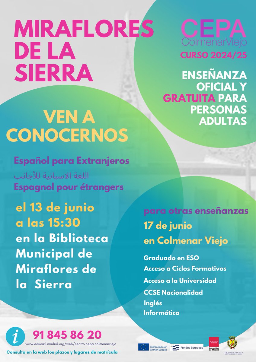 CEPAColmenar's tweet photo. Si quieres estudiar Español para Extranjeros ven a conocernos el jueves 13 de junio a las 15:30 en la Biblioteca Municipal de @AytoMiraflores 
Para otras enseñanzas, llámanos y ven al @CEPAColmenar el 17 de junio https://t.co/rJ6477OMed