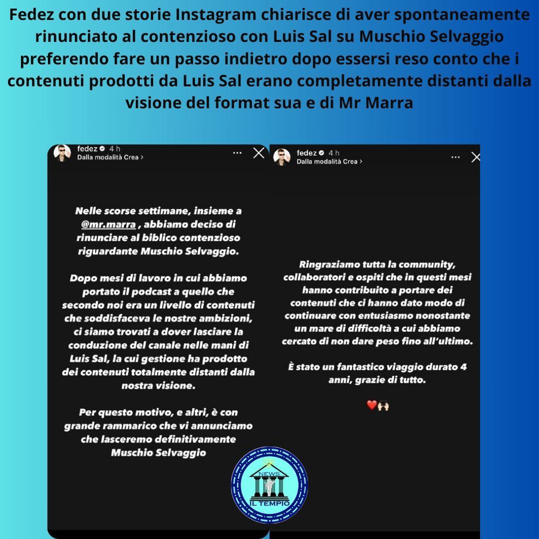 IlTempioNews's tweet photo. #Fedez con due storie Instagram chiarisce di aver spontaneamente rinunciato al contenzioso con #LuisSal su Muschio Selvaggio preferendo fare un passo indietro dopo essersi reso conto che i contenuti prodotti da Luis Sal erano completamente distanti dalla sua visione del format https://t.co/jyGGVV6ay9