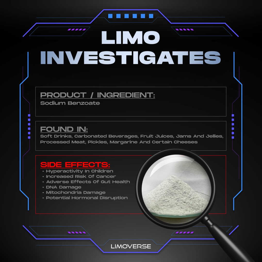 limoverseglobal's tweet photo. Discovered in 1875, Sodium Benzoate's role as a food preservative has been crucial. 

Found in countless foods to extend shelf life but beware, behind its preserving power lies potential #health concerns you should be aware of. Stay informed! 🌟 https://t.co/B3SHtj4xOT