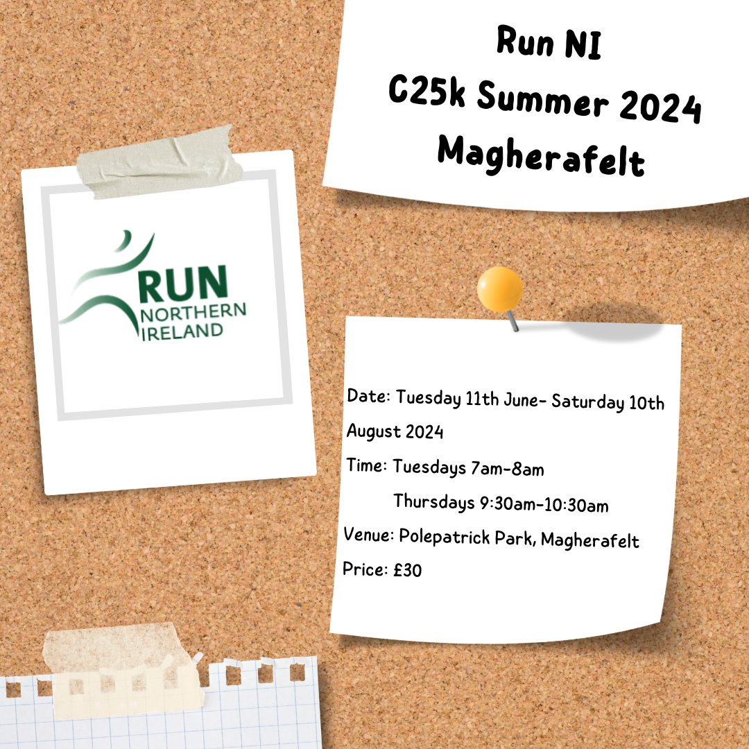 🏃‍♂️ Run NI C25k Summer 2024- Magherafelt

The Run NI C25K Magherafelt programme will take place on Tuesdays 7am-8am and Thursdays at 9:30am-10:30am at Polepatrick park.

Find out more and sign up 👇
runni.org/events/run-ni-…

#RunNI #C25k