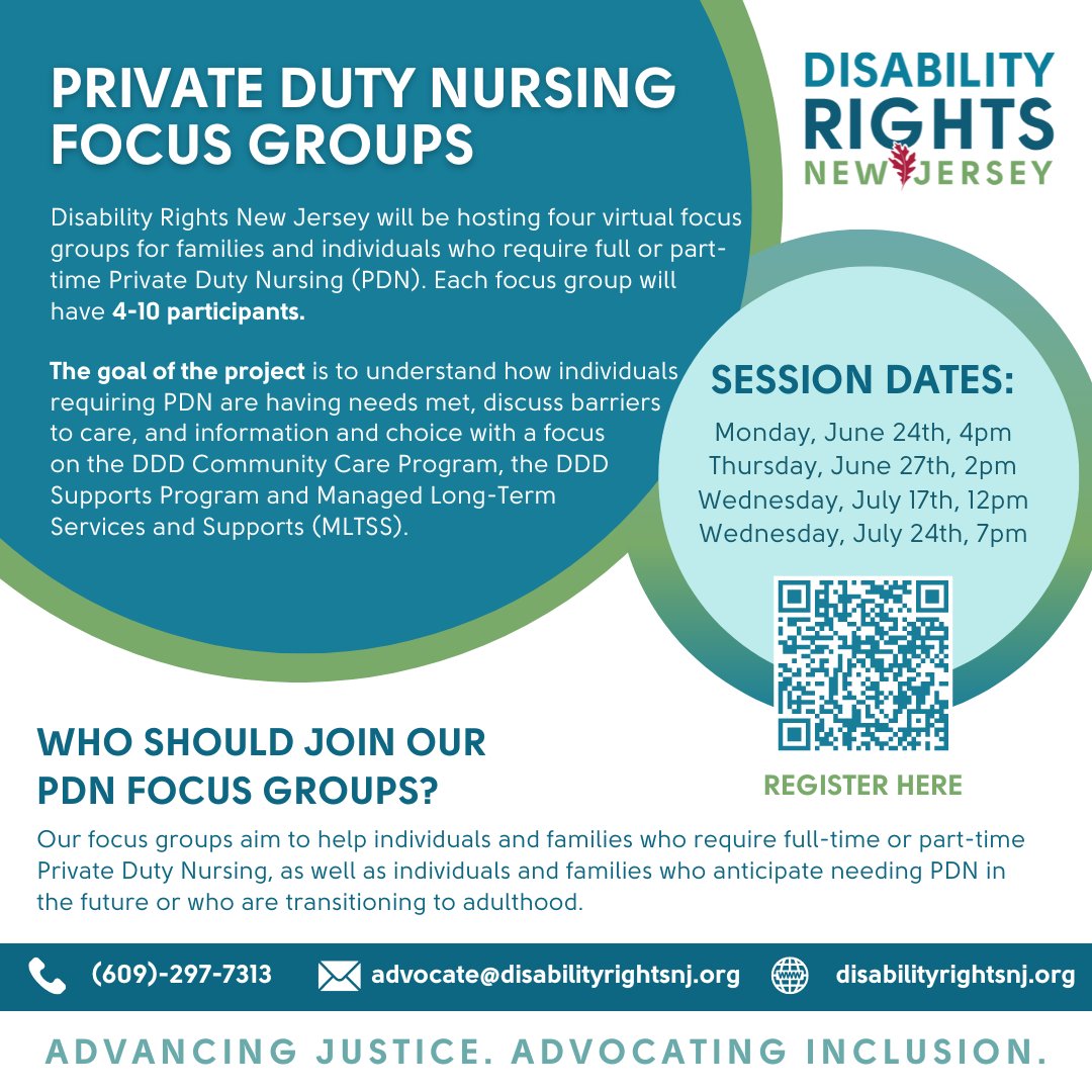 AdvocateDRNJ's tweet image. DRNJ will be hosting four virtual focus groups for families and individuals who require PDN. Each focus group will have 4-10 participants.
Register here: us02web.zoom.us/.../tZcrcO-qpj…...
#FocusGroup #Discussion #PDN #PrivateDutyNursing #transition #disability