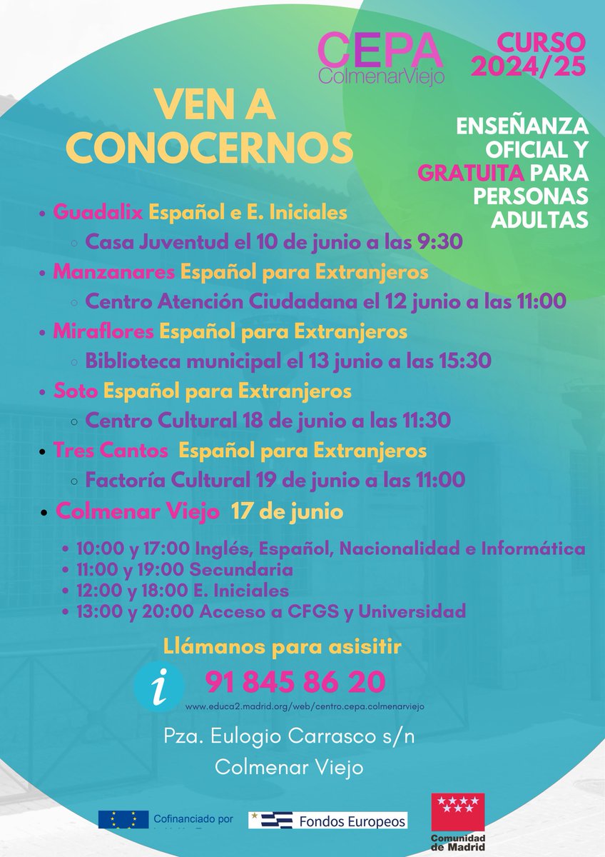 CEPAColmenar's tweet photo. Jornadas de Puertas Abiertas @AytoColmenar  @AytoGuadalix @ManzanaresReal @AytoMiraflores @aytosotodelreal @ayto3cantos https://t.co/1VUvZ9vX7C