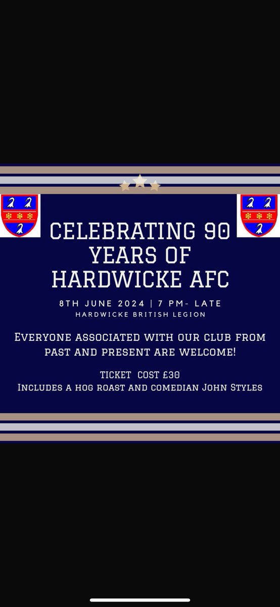 HardwickeAFC's tweet photo. Reminder for our 90th Celebration evening taking place TOMORROW after the Hardwicke Summer Sixes tournament. 
Please do get in contact if interested. https://t.co/K3UHBvzyKN