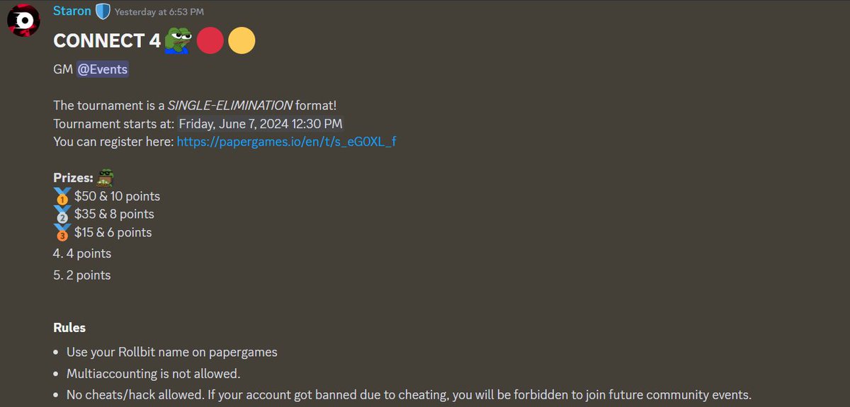 hoidcsgo's tweet image. 🟡CONNECT 4 🔴 event at @rollbitcom  !

Get ready to compete today in this SINGLE-ELIMINATION format tournament hosted by 
@YappyRB , with a prize pool of $100! 💰😋

The event starts in an hour so be quick.🏃

discord.gg/rollbots