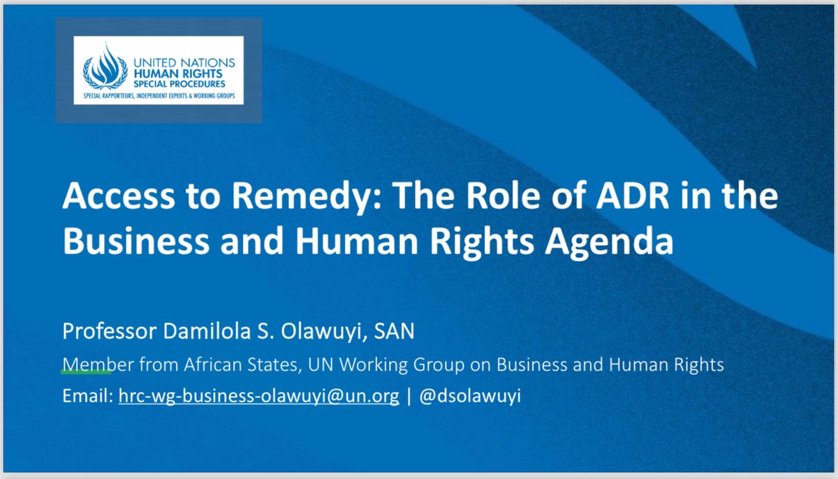 Damilola S. Olawuyi, SAN, FCIArb (@dsolawuyi) on Twitter photo It was my great pleasure to deliver a keynote lecture at a webinar event organized by <a href="/NICArbOrg/">NICArb - Arbitration/ADR Institute</a> in partnership with <a href="/UNDPNigeria/">UNDP Nigeria</a> & <a href="/Nigeria_ILA/">ILA NIGERIA</a>. I discussed how to maximize the value of arbitration as a tool for promoting access to remedy for #bizhumanrights disputes.
#ADR #esg It was my great pleasure to deliver a keynote lecture at a webinar event organized by <a href="/NICArbOrg/">NICArb - Arbitration/ADR Institute</a> in partnership with <a href="/UNDPNigeria/">UNDP Nigeria</a> & <a href="/Nigeria_ILA/">ILA NIGERIA</a>. I discussed how to maximize the value of arbitration as a tool for promoting access to remedy for #bizhumanrights disputes.
#ADR #esg