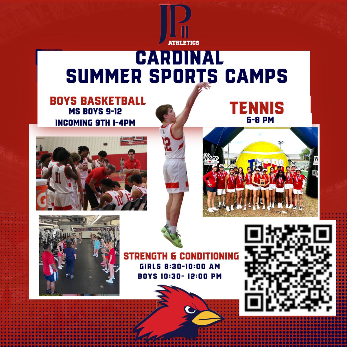 JPIIHS Athletics (@jpiihssports) on Twitter photo Week 2 of Cardinal Sports Camps includes boys basketball, tennis and strength and conditioning. Sign up today and we will see you Monday!! 🏀🎾💪🏽 <a href="/JPIIHOOPS/">JPII Men’s Hoops</a> <a href="/JPIIHS_TENNIS/">JPIIHS Tennis</a> Week 2 of Cardinal Sports Camps includes boys basketball, tennis and strength and conditioning. Sign up today and we will see you Monday!! 🏀🎾💪🏽 <a href="/JPIIHOOPS/">JPII Men’s Hoops</a> <a href="/JPIIHS_TENNIS/">JPIIHS Tennis</a>