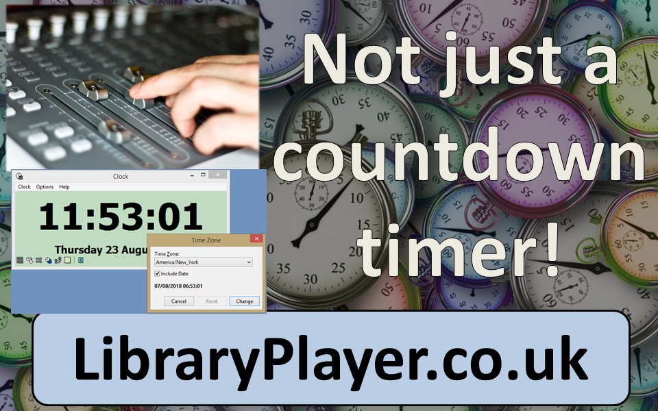 Timing Clock isn't just a countdown timer!

There's a range of tools to help you ensure accurate timings, present, and see important info.

Its worth spending time experimenting with the software.

Download a free trial at: libraryplayer.co.uk/2021/05/timing…

#communityradio #hospitalradio