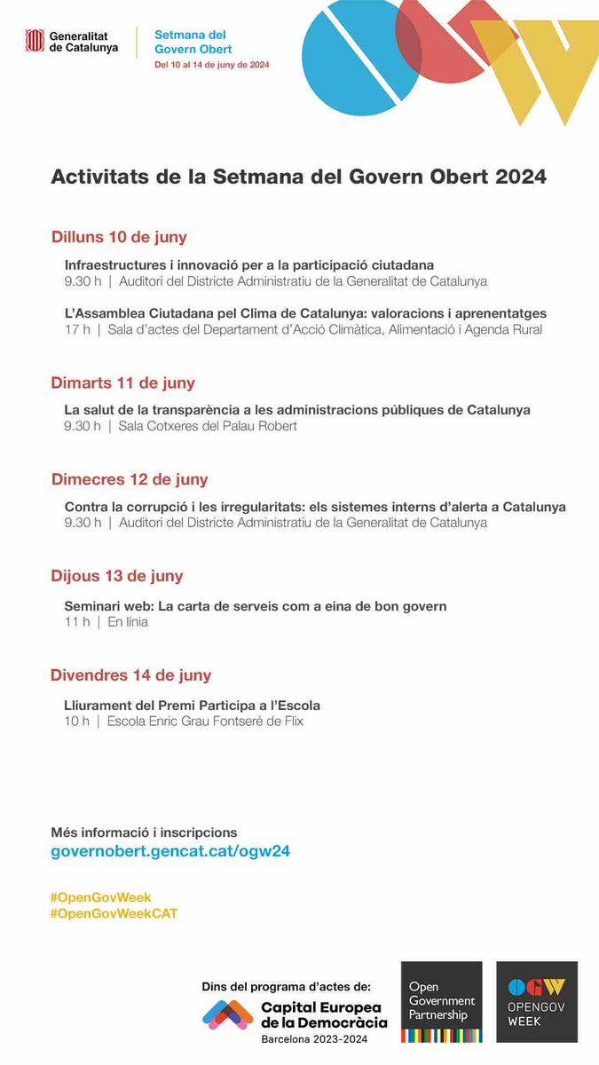 📢 Nova edició de l’#OpenGovWeekCAT, per impulsar la qualitat democràtica des de <a href="/gencat/">Generalitat de Catalunya</a>.

📅 Agenda del 10 al 14 de juny 👇
🔗 gen.cat/4eea6aY

 #OpenGovWeek <a href="/ECoD_Barcelona/">Capital Europea de la Democràcia - Barcelona</a> #participacióciutadana #transparència #bongovern