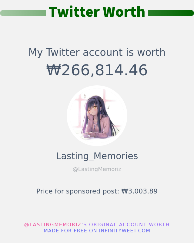 LastingMemoriz's tweet photo. 내 트위터 가치는 : ₩266,814.46 입니다

➡️ https://t.co/fsIJrfbxMz https://t.co/no23YHKFmj